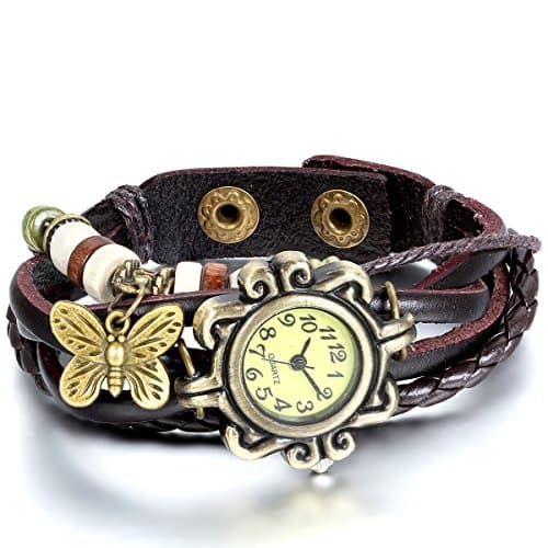 JewelryWe Damen Armbanduhr, Retro geflochten Leder Armband Armreif Armkette Uhr mit Schmetterling Anhänger, Braun Bronze