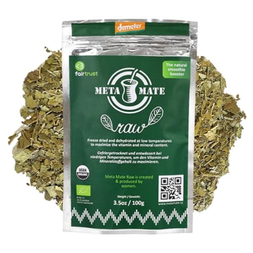 Meta Mate Raw 100 g | Mate Tee BIO Gefriergetrockneter in Demeter-Qualität | Yerba Mate BIO Ohne Bitterstoffe & ohne Rauch | Sanfte Energie | Für Tee, Smoothies & Rohkost | Nachhaltiger Waldanbau Bio Öko