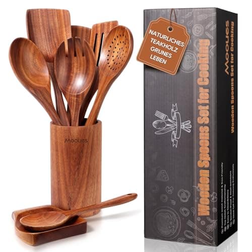 Mooues Kochlöffel Holz Set aus natürliches Teakholz, 9 Stück Küchenhelfer Set mit Halter, Holzlöffel, Pfannenwender, Salatbesteck und weitere Küchenutensilien, Hochwertig und Nachhaltig Öko