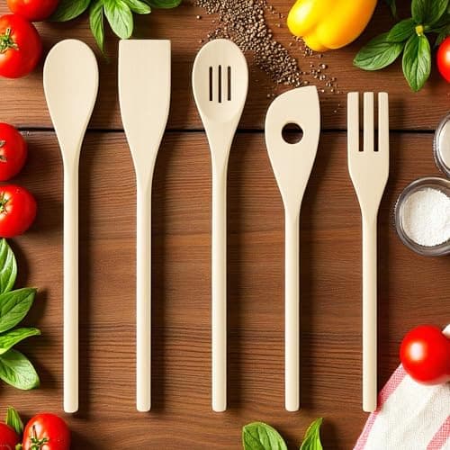 MIJOMA Küchenhelfer Holz 5-teilig – Küchenutensilien Set aus Holz 30–33cm, nachhaltig & hitzebeständig – Löffel, Pfannenwender, Gabel – Kochlöffel Set naturbelassen Öko