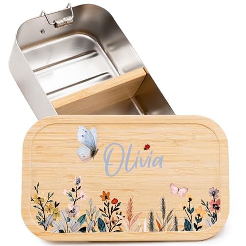 Kidsmood - Personalisierte Brotdose Kinder mit Fächern, Edelstahl Lunchbox mit Bambusdeckel | Schadstoffrei bedruckt, mit niedlichem Tier-Motiv & Namen, Geschenke zur Einschulung Mädchen & Jungen Öko