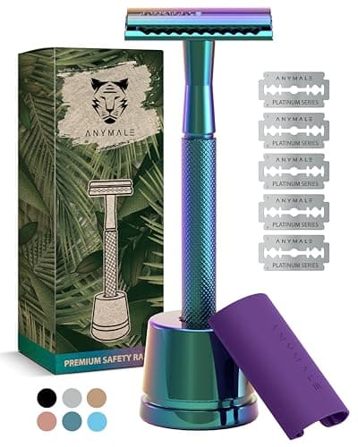 ANYMALE® Rasierhobel - Set mit Ständer und Klingenschutz - 5 Klingen inklusive - Zero Waste Rasierer für Damen und Herren - Safety Razor Rainbow Edition Öko