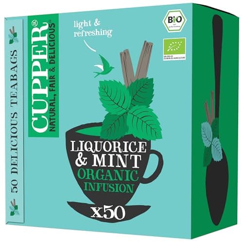 Cupper Bio Tee Vorratspackung Loveley Liquorice & Mint, Pfefferminztee, 50 ungebleichte Teebeutel I Big Pack I Perfekt fürs Büro I fair gehandelt I plastikfeie Teebeutel Bio Öko