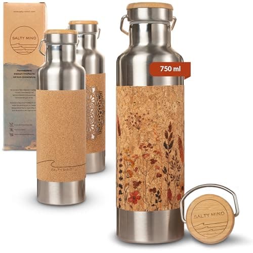 Salty Mind Edelstahl Trinkflasche 750ml - Nachhaltige, isolierte Thermo Wasserflasche Edelstahl auslaufsicher - Iso Flasche ohne Schadstoffe, BPA frei - Thermotrinkflasche (Blumen-Druck) Öko