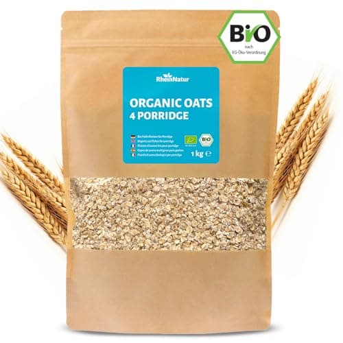 RheinNatur Bio Haferflocken 1 kg - Ideal für Porridge, Overnight Oats & Haferbrei - Reich an Ballaststoffen, Mineralstoffen & B-Vitaminen - 1000 g Beutel Bio Öko Vegan