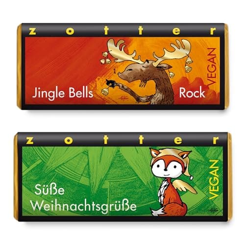Zotter „Vegane Grüße“ Schoko Riegel Bundle – Handgeschöpfte Bio & Fairtrade Weihnachtsschokolade – Vegane dunkle Schokolade mit Haselnuss & Jingle Bells – Nachhaltig einzeln verpackt Bio Öko Vegan