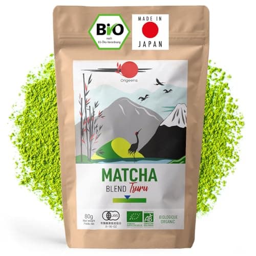 ORIGEENS Japanischer Bio Matcha Pulver Tee Tsuru (Latte Mild) - Blend Shizuoka und Kagoshima - Matcha Tee Bio 80g-Beutel Bio Öko