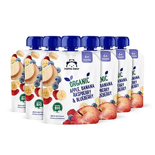Amazon-Marke: Mama Bear Quetschie Bio Apfel, Banane, Heidelbeere und Himbeere, vegetarisch, 90g (6er-Pack) Bio Vegan