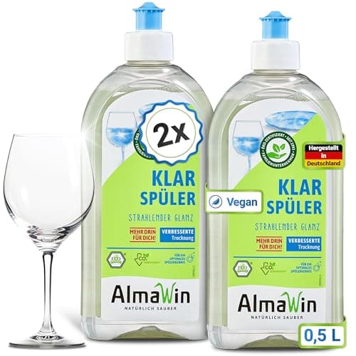 AlmaWin® Klarspüler [2x 500ml] für streifenfrei glänzendes Geschirr - Bio Spülmaschinen Klarspüler mit 100% natürlichen Inhaltsstoffen - Klarspüler Spülmaschine - Geschmacksneutral, Öko, VEGAN Bio Öko Vegan