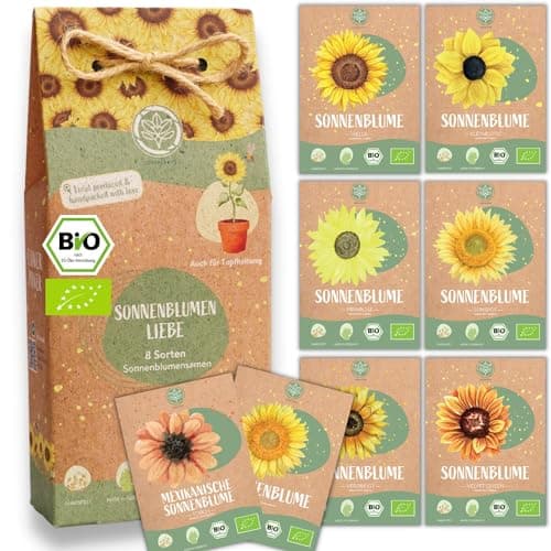 Bio Sonnenblumen Samen Set I 8 Sorten Sonnenblumensamen I Blumensamen Geschenk Set mit Riesen und kleine Sonnenblumen. Sommerblumen Samen als Blumen Samen Geschenk I Blumen Saatgut von Loveplants Bio Öko