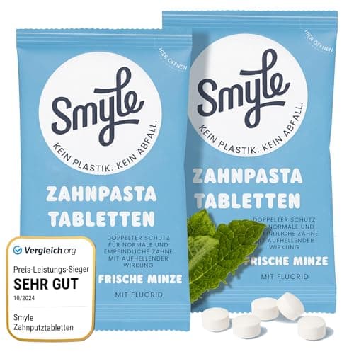 Smyle Zahnpasta tabletten - Vegan, Fluoridhaltig, Plastikfrei, Biologisch Abbaubare Feste Zahnpasta, (126 Stück) Bio Öko Vegan