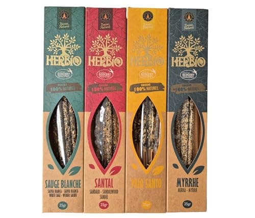 Boemy Ökologische Räucherstäbchen, sortiert, 4 natürliche Kräuter-Räucherstäbchen, verschiedene Duftrichtungen: Myrrhe, NagChampa, weißer Salbei, Zimt, Lavendel, Palo Santo, Vanille, Drachenblut Bio Öko