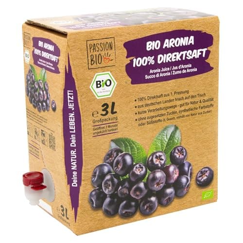 Bio Aronia Direktsaft, 3 Liter - aus deutschem Anbau - Aroniasaft aus 100% Aroniabeeren, 30 Tage Vorratspackung - ohne zugesetzten Zucker, ohne Süßstoffe (lt. Gesetz), enthält von Natur aus Zucker Bio