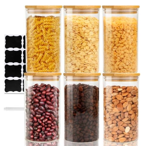 FoiiLiio Vorratsdosen Glas mit Holzdeckel 6er Set 750ML Vorratsgläser mit Deckel Rund Aufbewahrungsgläser Küche, Glasbehälter Luftdicht Set Vorratsbehälter Glas für Gewürze, Nuss, Körner, Aufbewahrung Öko