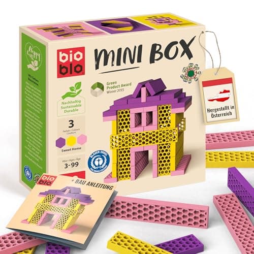 bioblo Mini Box Sweet Home Mix 40 Stück, Nachhaltige Bauklötze für Kinder ab 3 Jahren, Bunte Holzbausteine Kinderspielzeug, STEM Montessori Spielzeug für Stapel- & Balancierspiele Bio Öko