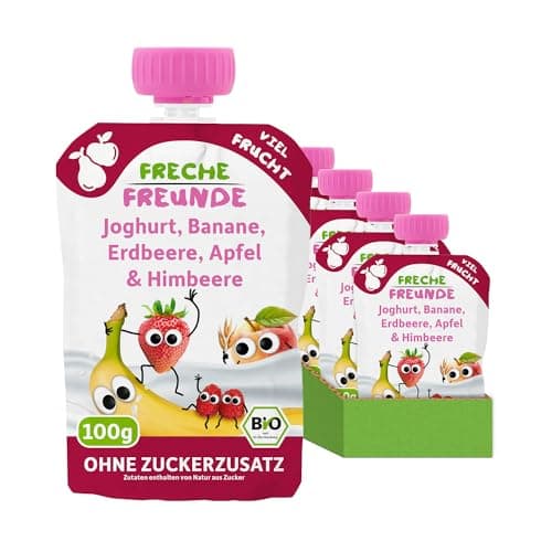 FRECHE FREUNDE Bio Quetschie Joghurt, Banane, Erdbeere, Apfel & Himbeere, Fruchtmus mit Obst im Quetschbeutel für Babys ab dem 6. Monat, vegan, 6er Pack (6 x 100g) Bio Vegan