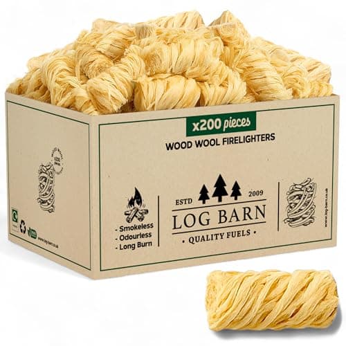 Log Barn Natürliche Anzündwolle - 200 Stück, Öko Anzünder Holzwolle für Holzöfen, Pizzaöfen, offene Feuer, Kaminanzünder und Grillanzünder - Echtes Log Barn Anfeuerholz (200 PC) - Öko
