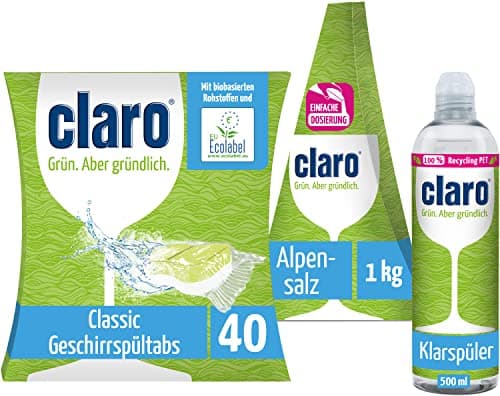 claro Classic Tabs 40Stk. im Paket mit Klarspüler 500ml u. Alpensalz in der 1kg Pyramide Bio Öko Vegan