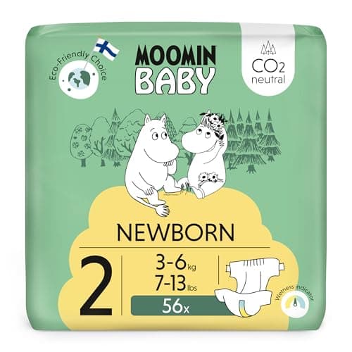 Moomin Baby Neugeboren Öko Windeln Größe 2, 3-6 kg 56 Stück, Weiche Premium Windeln mit Nässeindikator | Weich und hautfreundlich, Keine unnötigen Chemikalien | Bio Öko