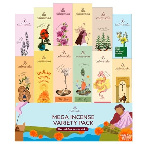 CALMVEDA Natürliche Räucherstäbchen, Mega, Sortimentspackung (144 Räucherstäbchen, 12 Aromen), sauber, ohne Holzkohle, aus upgecycelten Blumen, Bio-Räucherstäbchen, ungiftig, langsames Brennen Bio