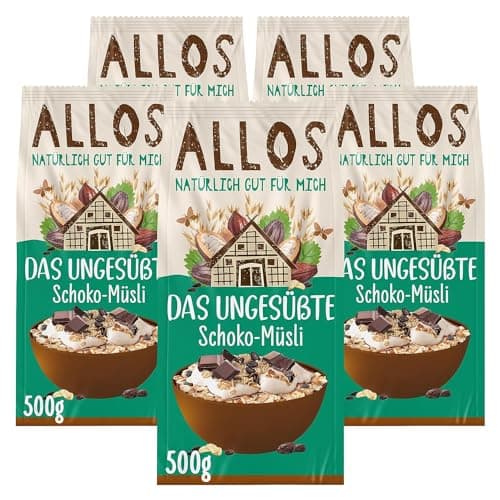 Allos Das Ungesüßte Schoko-Müsli | Müsli ohne Zucker | Bio Müsli | Schokolade Müsli | Haferflocken | Frühstückscerealien | vegan | 5er Pack (5 x 500g) Bio Vegan