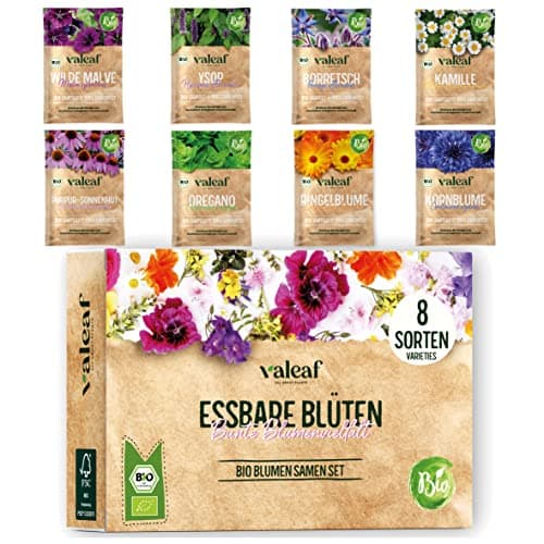 valeaf BIO Essbare Blüten Samen Set I 8 essbare Blumen im Blumen Samen Set I BIO Samen Blumen I Wildblumen Samen I Saatgut Blumen I Blumensaat I Blumen Samen Balkon I ideales Blumensamen Geschenk Bio
