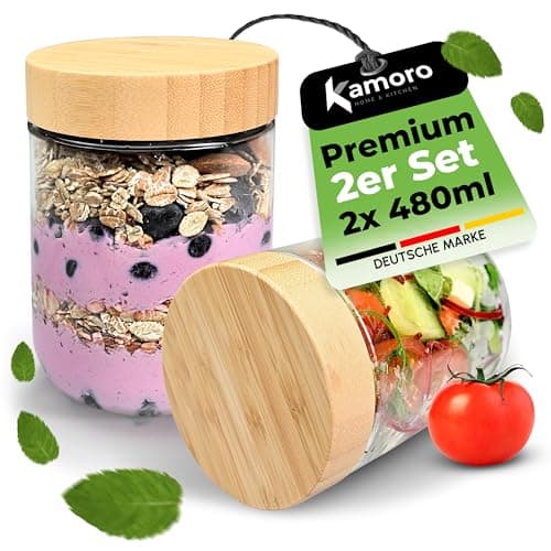 Kamoro HOME & KITCHEN Glas Frischhaltedosen mit nachhaltigem Bambus Deckel - Glasbehälter in verschiedenen Größen mit Gummibändern – BPA-freie Dosen/Behälter (2er Set) Öko