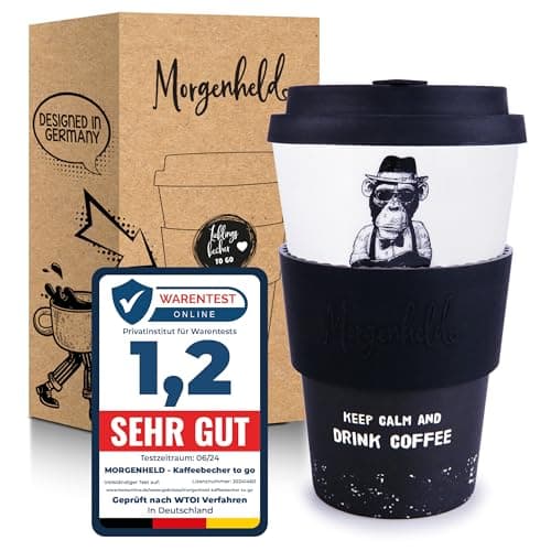 Morgenheld Coffee-to-go Becher "Monkey" 380ml | Porzellan Kaffeebecher mit Silikondeckel, BPA-frei, nachhaltiger Trinkbecher mit Deckel, plastikfrei verpackt | Perfekt für Kaffee, Tee & unterwegs Öko