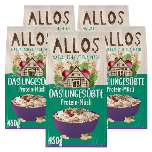 Allos Das Ungesüßte Protein-Müsli | Bio Müsli | Haferflocken | Frühstückscerealien | vegan (5 x 450g), 1 Stück (5er Pack) Bio Vegan
