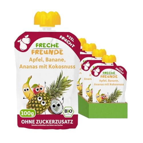 FRECHE FREUNDE Bio Quetschie Apfel, Banane, Ananas mit Kokosnuss, Fruchtmus mit Obst im Quetschbeutel für Babys ab dem 6. Monat, vegan, 6er Pack (6 x 100g) Bio Vegan