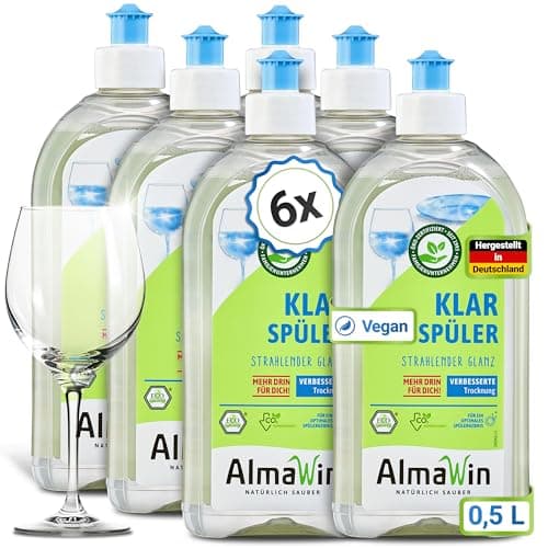 AlmaWin Klarspüler 6x500ml I Umweltfreundlicher Spülmaschinen-Klarspüler für kalkfreies Geschirr I Für alle Geschirrspüler geeignet I Frei von synthetischen Duft- & Farbstoffen I Vegan Öko Vegan