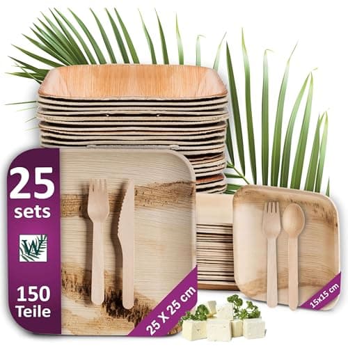 Waipur Bio Palmblatt Geschirr Set mit Holz Besteck - je 25 große Teller und Dessertteller, 50 Gabeln, je 25 Messer und Löffel - ähnl. Bambus-Teller Einweg Bio Öko