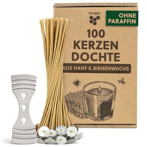 beegut 100 nachhaltige Kerzendochte aus nachwachsendem Hanf & natürlichem Bienenwachs, ohne Paraffin, Kerzendocht 10cm mit praktischem Dochthalter Öko
