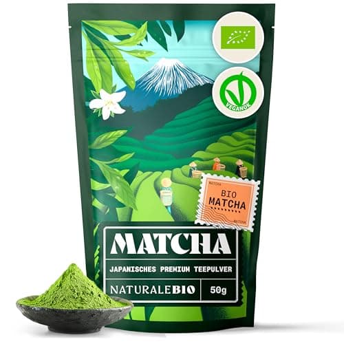NaturaleBio Matcha Tee Pulver Bio - Premium-Qualität - 50g. Original Green Tea aus Japan. ideal zum Trinken. Grüntee-Pulver für Latte, Smoothies, Matcha-Getränk. Hergestellt in Uji, Kyoto. Bio Öko