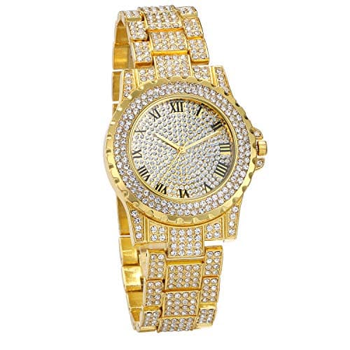JewelryWe Armbanduhr Herren Damen mit Strass Römanischen Zifferblatt Metallarmband, Quarz Analog Uhr Muttertag Gold