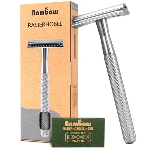 Bambaw Rasierhobel Herren mit 5 Rasierklingen | Rasierhobel Metall | Hobel Rasierer Herren und Damen | Eco Rasierer Metall | Rasierhobel Rostfrei | Safety Razor | Silber Öko