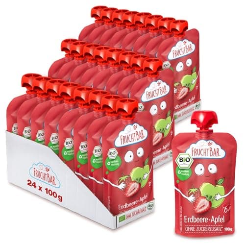 FruchtBar-Bio Quetschie, Vorratspack, Fruchtpüree für Babys ab 6 Monaten & Kinder (24 Stück, Bio Quetschie Erdbeere-Apfel) Bio Öko Vegan