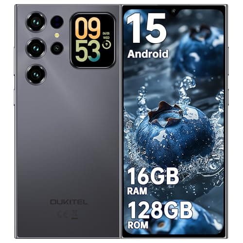 OUKITEL C62 Android 15 Smartphone Ohne Vertrag - 6.88" HD+ Handy mit Rückseitigem Display 16GB RAM+128GB ROM/1TB, 5000mAh Handy Günstig, Dual SIM Simlockfreie Handys/Face ID/GPS/OTG - Schwarz