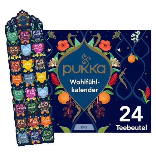 Pukka Bio Tee Geschenkset, Adventskalender, "Wohlfühlkalender 2025", Umweltfreundlich, Keine Schokolade, Milchfrei, Geschenkidee, 12 Tee Varianten, 24 Teebeutel Bio Öko