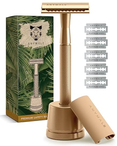 ANYMALE® Rasierhobel - Damen Set mit Ständer, Reiseschutz und 5 Klingen - Plastikfreier Nassrasierer aus Metall - Razor Gold Edition Öko