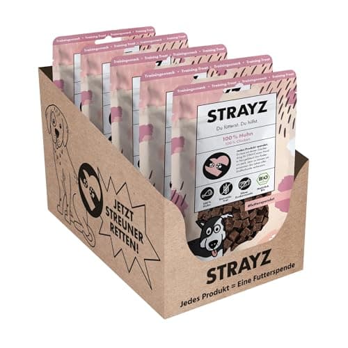STRAYZ – Bio Hundesnack Huhn – 100% Fleisch & Monoprotein, getreidefreie Leckerlies für Hunde ohne Zucker, Trainingssnack in Würfelform ohne Zusätze - 5x80g Bio Öko