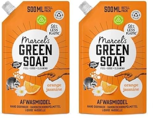 Marcel's Green Soap - Spülmittel Orange & Jasmin Nachfüllpackung - Geschirrspülmittel - 100% Umweltfreundlich - 100% Vegan - 97% Biologisch abbaubar - 500 ml (Packung mit 2) Bio Öko Vegan