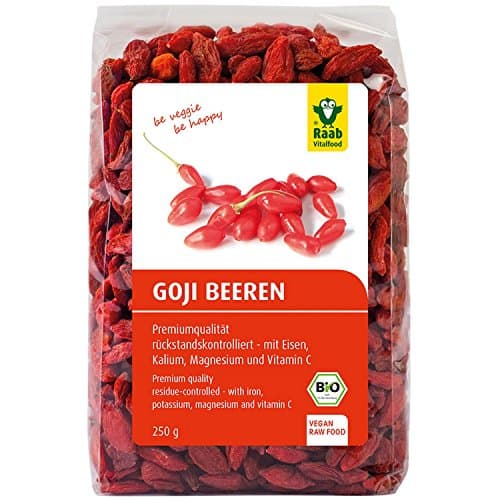 Raab Vitalfood Bio Goji-Beeren, Premium-Qualität rückstandskontrolliert, laborgeprüft, ungeschwefelt, ohne Zusätze, vegan, reich an natürlichem Eisen, Kalium, Vitamin C, Wolfsbeere, 1er Pack (250 g) Bio Öko Vegan