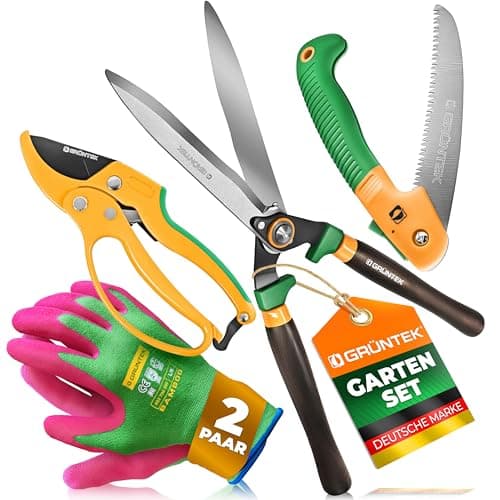 Grüntek Garten-Set 4-teilig – Panther Heckenschere, Hai Klappsäge, UHU Ratschen-Gartenschere & Bambus Gartenhandschuhe | SK5-Stahl, Carbonstahl, Bambus-Faser, ergonomisch & nachhaltig Öko