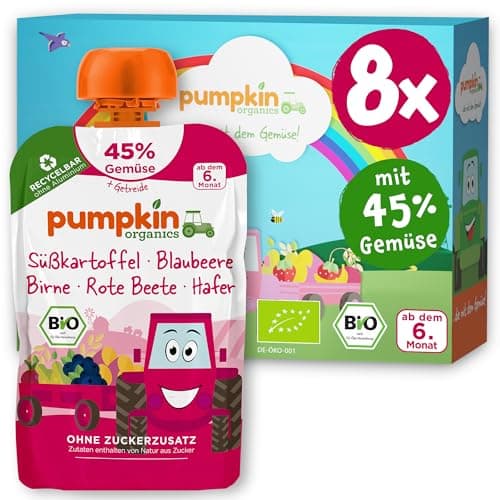 Pumpkin Organics Bio Gemüse-Getreide-Quetschies 8er Pack Süßkartoffel, Blaubeere, Birne, Rote Beete, Hafer ohne Zuckerzusatz¹ - ab dem 6. Monat - als Snack oder Beikost für unterwegs (8x100g) Bio Vegan