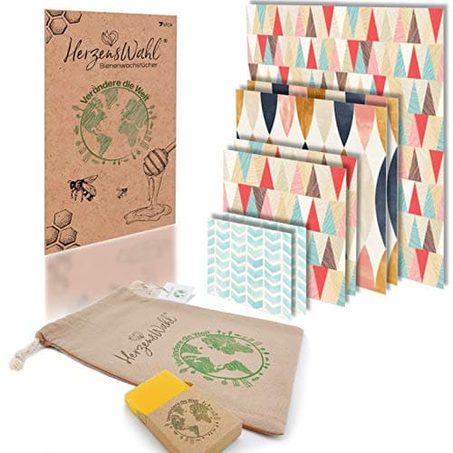 HerzensWahl Bienenwachstücher 7er Set inkl. Bio Baumwollbeutel zur Aufbewahrung + Bienenwachsblock | Bio Bienenwachs Wachspapier | Zero Waste Wachstuch für Lebensmittel | Bees Wrap Bienenwachs Bio Öko