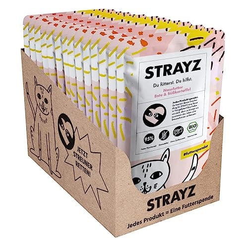 STRAYZ - Bio Katzenfutter Nass - Ente & Süßkartoffel, Getreidefreies Premium Nassfutter für Katzen mit 95% Fleischanteil ohne Zucker - 14x85g Beutel - Bio - Öko - Vegan