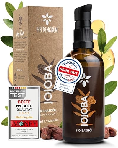 Heldengrün® BIO Jojobaöl [100% NATURREIN] Dermatologisch getestet - Sanftes Gesichtsöl - Jojobaöl Haare - Kaltgepresst & unraffiniert - Pflegt & reguliert Gesicht, Haut, Haare & Nägel Bio Öko