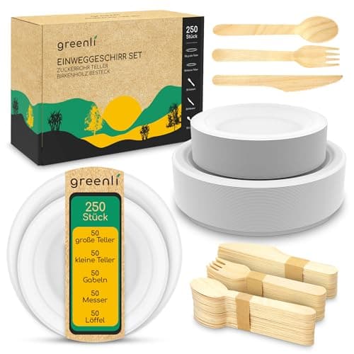 greenli® Einweggeschirr Set - 250 x Einwegteller aus Zuckerrohr und Einwegbesteck aus Holz Bio Öko