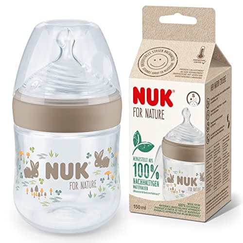 NUK for Nature Babyflaschen | Kleiner Trinksauger | 150 ml | Der Mutterbrust nachempfundener Anti-Colic Trinksauger aus Silikon | Temperature Control | Nachhaltige und BPA-freie Materialien | Beige Öko